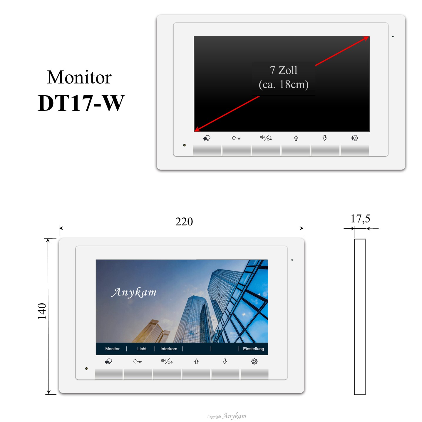 Monitor DT17-W, Innenstation der Videosprechanlage mit 2Draht Technik