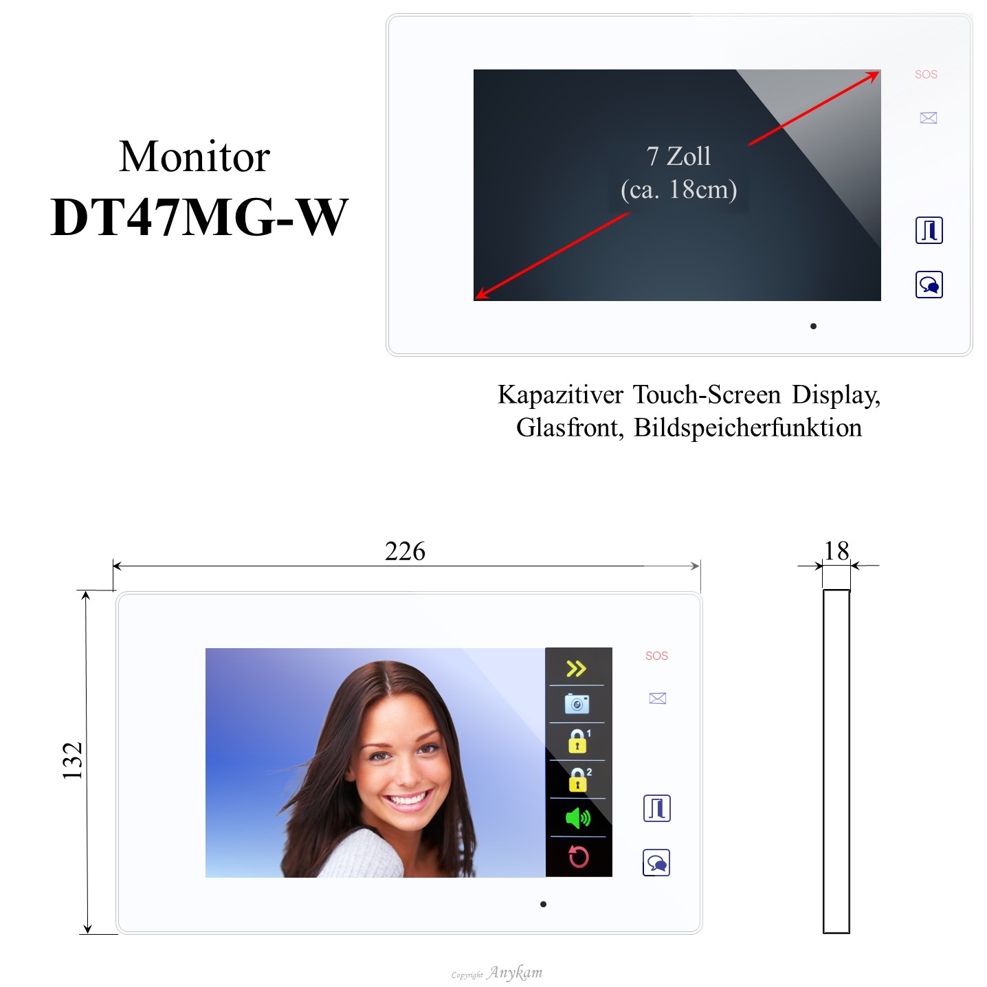 Monitor DT47MG-W, Innenstation der Videosprechanlage mit 2Draht Technik