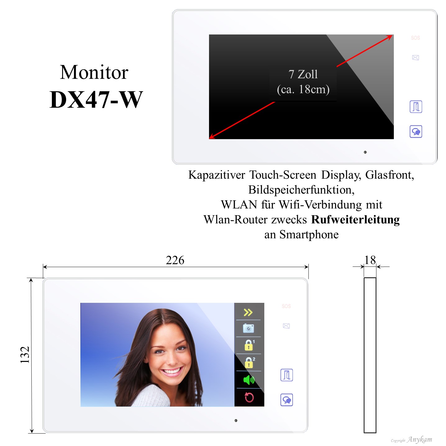Monitor DX47-W, Innenstation der Videosprechanlage mit 2Draht Technik
