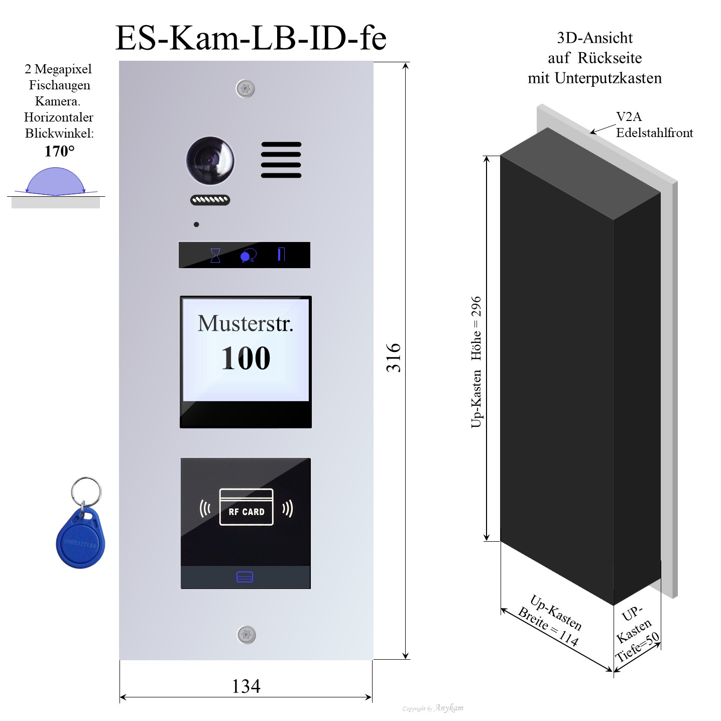 ES-Kam-LB-ID Edelstahl Aussenstation mit Kamera und RFID f Video Türsprechanlage