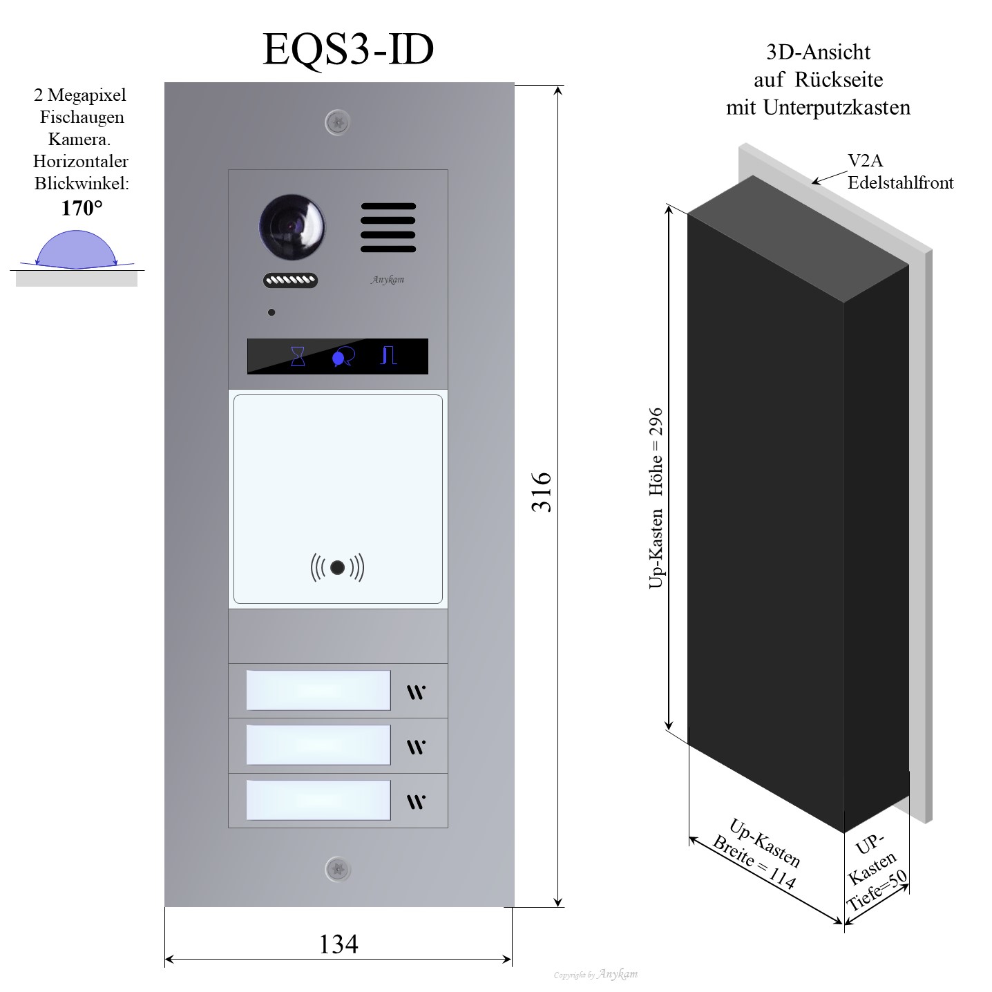 EQS3-ID Edelstahl Aussenstation mit RFID f Video Türsprechanlage