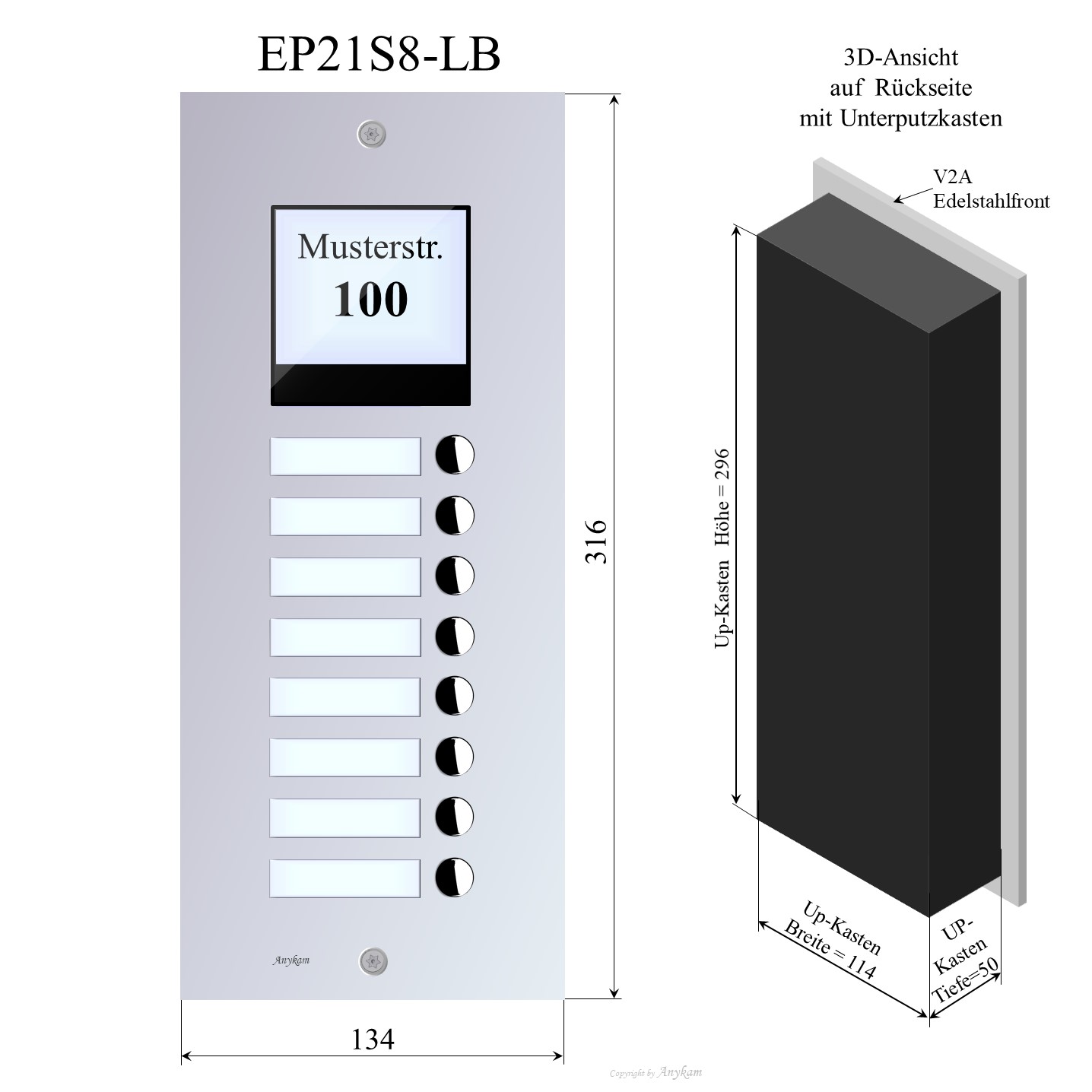 EP21-S8-LB Edelstahl Türstation 2-Draht Türsprechanlage Erweiterungspaneel